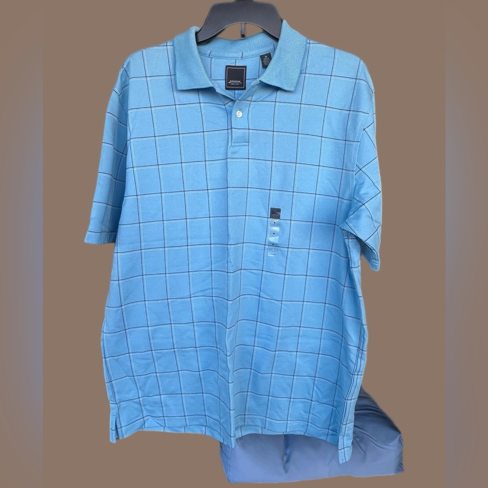 NWT Arrow Men's Polo Shirt in light Blue with Checkered Print